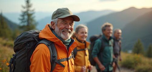 Elderly couple hikes mountains. Senior people walk on trail. Mature friends enjoy nature, exercise together. Happy diverse group in outdoor adventure.