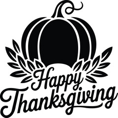 A bold black silhouette design featuring a large pumpkin with decorative leaves and elegant script text reading &ldquo;Happy Thanksgiving.&rdquo; The artwork has a clean, festive style perfect for Thanksgiving-th