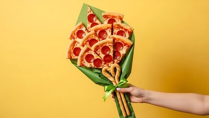 A hand presents a creative bouquet of pepperoni pizza slices on a yellow background.