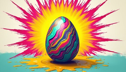 Colorful easter egg illustration in pop art style. Modern design with splash explosion effect. Perfect for easter greetings card, vibrant marketing campaign joyful seasonal promotion with dynamic
