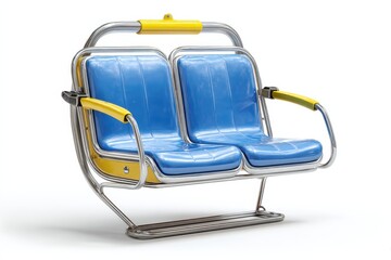 Blue and silver ski lift chair with two seats, modern chrome frame and yellow accents