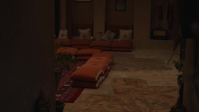 Traditional Arabian Majlis Interior with Red Floor Cushions