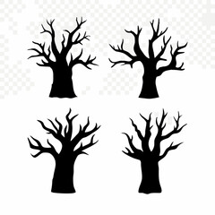 Four black spooky bare tree silhouettes with gnarled, twisted branches, ideal for Halloween themes.