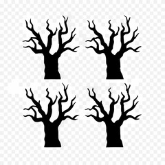Four identical spooky black bare tree silhouettes with gnarled, twisted branches, graphic vector illustration.