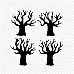 Set of four black bare tree silhouettes featuring gnarled, twisted branches and spooky, organic shapes.