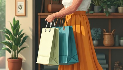 Illustration of woman holding reusable shopping bags. She shops in eco friendly store. Sustainable lifestyle concept. Environmentally conscious consumer chooses zero waste alternative.