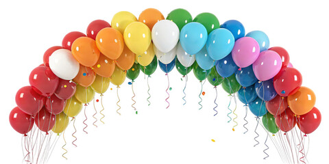 Vibrant, glossy rainbow balloon arch with smooth, reflective surfaces and colorful streamers, forming a festive celebration display.