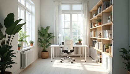 White modern office home workspace with bright natural light. Desk chair table, lamp. Plants on windowsill, floor. Bookshelves with books, decor. Windows with curtains, radiator. Clean, minimalist