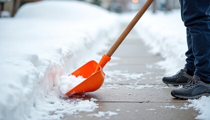 Person using shovel removing snow. Man cleans sidewalk after snowfall in winter. Winter storm with heavy snow covering street. Wintertime weather and snow removal concept.