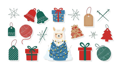 Festive Llama Wonderland: A charming illustration depicts a whimsical llama adorned with holiday lights amidst an array of festive elements, including ornaments, gifts, and wintery decorations. © Rahimatul