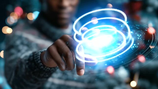Digital holographic space routes with faceless analyst hand gesturing, defocused Christmas constellation patterns, winter deep space exploration planning, holiday interplanetary vi