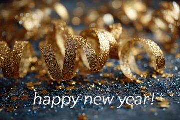 Elegant gold ribbons and confetti on a dark blue background for a festive New Year celebration
