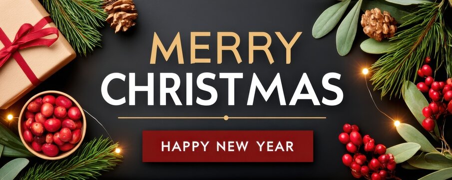 Festive merry Christmas display on a black background with gold text and greenery for holiday promotions - Powered by Adobe