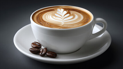Artistic latte coffee in white cup with roasted beans on saucer