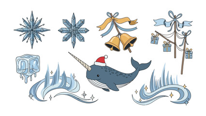 Festive Marine: A cheerful narwhal dons a Santa hat amid whimsical holiday elements, including snowflakes and bells. A joyful Christmas scene. © Rokaiya