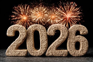 Golden 2026 text with fireworks backdrop for New Year celebrations and festive imagery