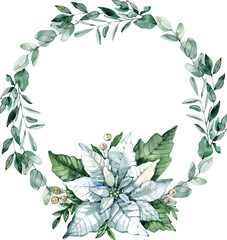 Fototapeta premium Elegant watercolor wreath with lush green foliage and a white poinsettia flower. Perfect for Christmas cards, invitations, winter branding, packaging, festive decor and modern holiday designs.