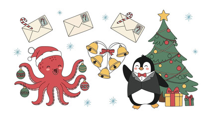 Fototapeta premium Festive Holiday Collage: a whimsical holiday scene with Christmas tree, octopus, penguin, and a variety of seasonal elements to create a feeling of holiday. 