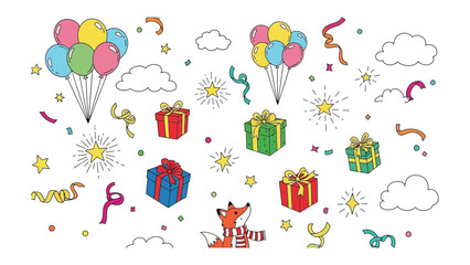 Joyful Festivities: A playful illustration brimming with balloons, presents, and cheerful ornaments, evoking a sense of celebration and delight.