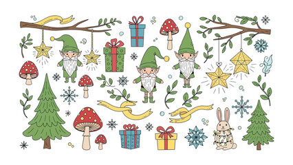 Whimsical Holiday Decorations: A collection of charming, hand-drawn illustrations featuring adorable gnomes, gift boxes, mushrooms, stars, snowflake, rabbit, and evergreen trees.