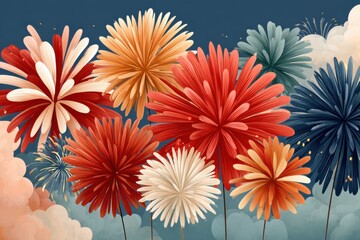 Colorful tropical flowers on a navy blue background with vibrant petals and lush leaves