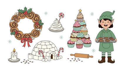 Festive Delights: An array of charming Christmas treats adorn the scene, complete with a delightful elf ready to share the joy of the holidays. 