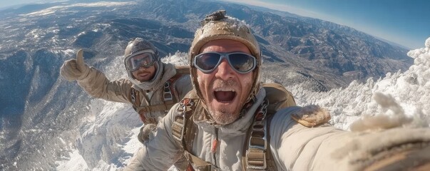 Two skydivers take a thrilling selfie over snowy mountains in gear and goggles