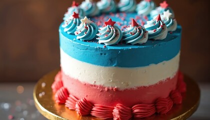 Patriotic layer cake with red white and blue frosting. Cake has star decorations and sprinkles on top. Frosting is swirled with stars and beads. Cake sits on gold plate.