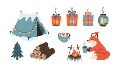 Fototapeta premium Whimsical Winter Scene: An enchanting illustration of a winter scene featuring a cozy tent, gift boxes, lanterns, a friendly fox, a crackling campfire, a Christmas tree, and a stack of logs.