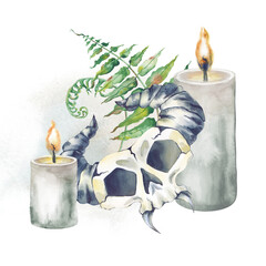 A mystical composition with a creepy horned skull, green ferns and lighted candles. Watercolor illustration on an isolated background. Realistic clipart for Halloween and scary fairy tales.