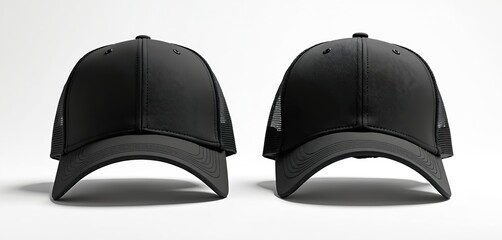 Two black caps, one solid fabric. One is mesh back trucker style. Sporty headwear apparel protects from sun. Unisex fashion accessory. Head wear for sports, blank for logo. Style.