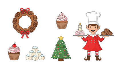 Sweet Delights: A cheerful elf presents an array of delicious treats, including cupcakes, cookies, and a festive Christmas tree, each adorned with tempting details, perfect for holiday indulgence.