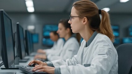 Focused Female Researcher Working on Computer in Modern Laboratory Setting with Colleagues in Background 4k video footage