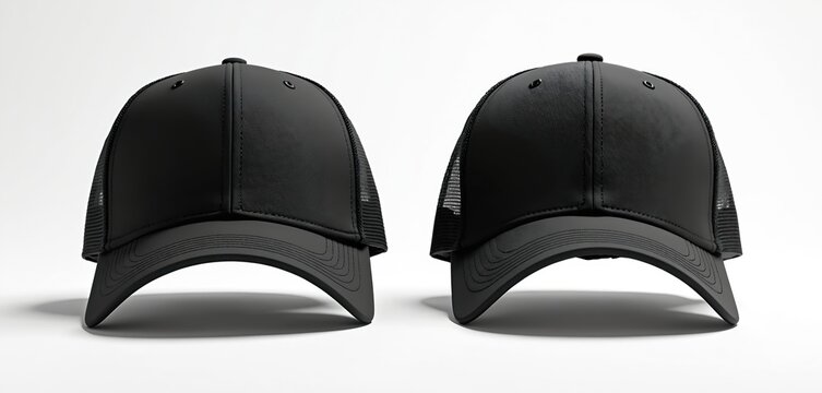 Two black caps, one solid fabric. One is mesh back trucker style. Sporty headwear apparel protects from sun. Unisex fashion accessory. Head wear for sports, blank for logo. Style.