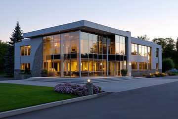 Modern building with large windows at dusk in a quiet area