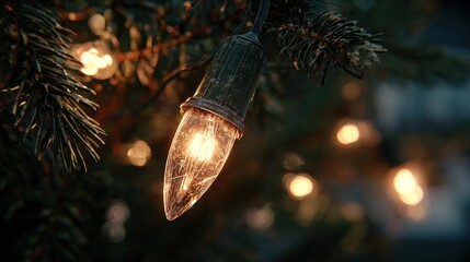 A close-up of a Christmas tree light bulb, glowing warmly,