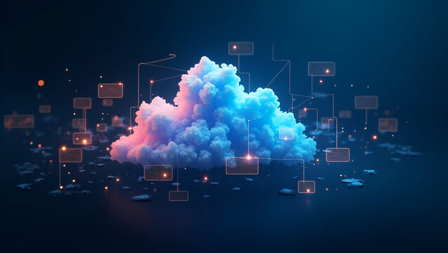 Vivid photograph depicting sophisticated cloud virtualization environments that utilize virtual machines and advanced hypervisor technologies to drive efficient digital infrastructure and modern IT so