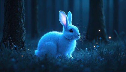 Obraz premium Illustration of a luminous blue rabbit in forest setting. Digital art shows magical animal in mystical scene. Fantasy creature glows in a woodland with trees