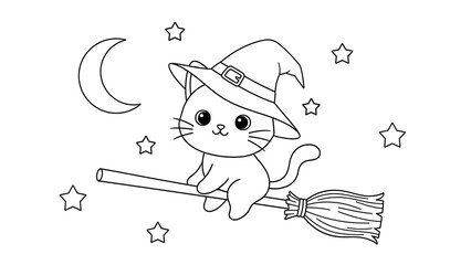 Adorable cartoon kitten wearing a witch hat flies on a broomstick under the night sky for coloring