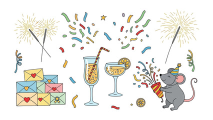 Festive Assemblage: An artistic arrangement that captures the essence of celebration, featuring an array of celebratory elements that evoke a sense of joy and anticipation.