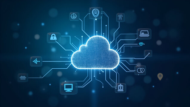 Professional image illustrating cloud system integration with advanced digital interfaces and secure IT frameworks that support efficient enterprise connectivity in  Photo Stock  Concept  and empty sp