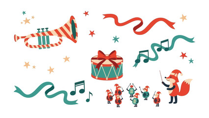 Festive Musical Arrangement: A whimsical illustration showcases a joyous holiday scene with a vibrant trumpet, playful ribbon, and a charming ensemble of musical instruments.