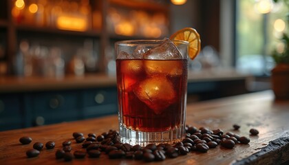 Black Russian cocktail with ice on bar table. Coffee beans are scattered near glass. Orange slice garnish decoration. Drink illustration for bar menu design or advertising materials.