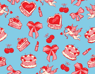 Seamless pattern Valentine Love Theme  Trendy Romantic  Sweet background with Hand Brushed drawn  Style Design for fashion ,
