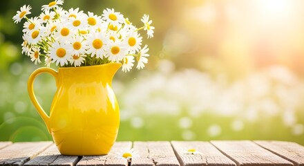 Bright yellow pitcher filled with fresh white daisies in soft sunlight