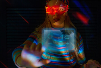 Woman in futuristic VR set with atmospheric lighting