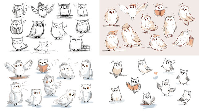Whimsical owl character illustrations shown in various poses such as reading, flying, and perching. Soft colors and playful expressions perfect for kids themes and creative designs.
