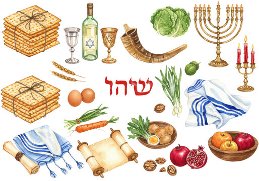 Detailed watercolor flat lay of jewish passover seder objects (matzah, kiddush cups, menorah, shofar, tallit) and 'pesach' text, isolated on bright white background with copy space. Concept of