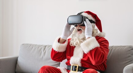 Santa claus enjoying virtual reality experience on couch