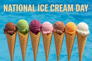 Illustration of national ice cream day with colorful ice cream cones against blue background